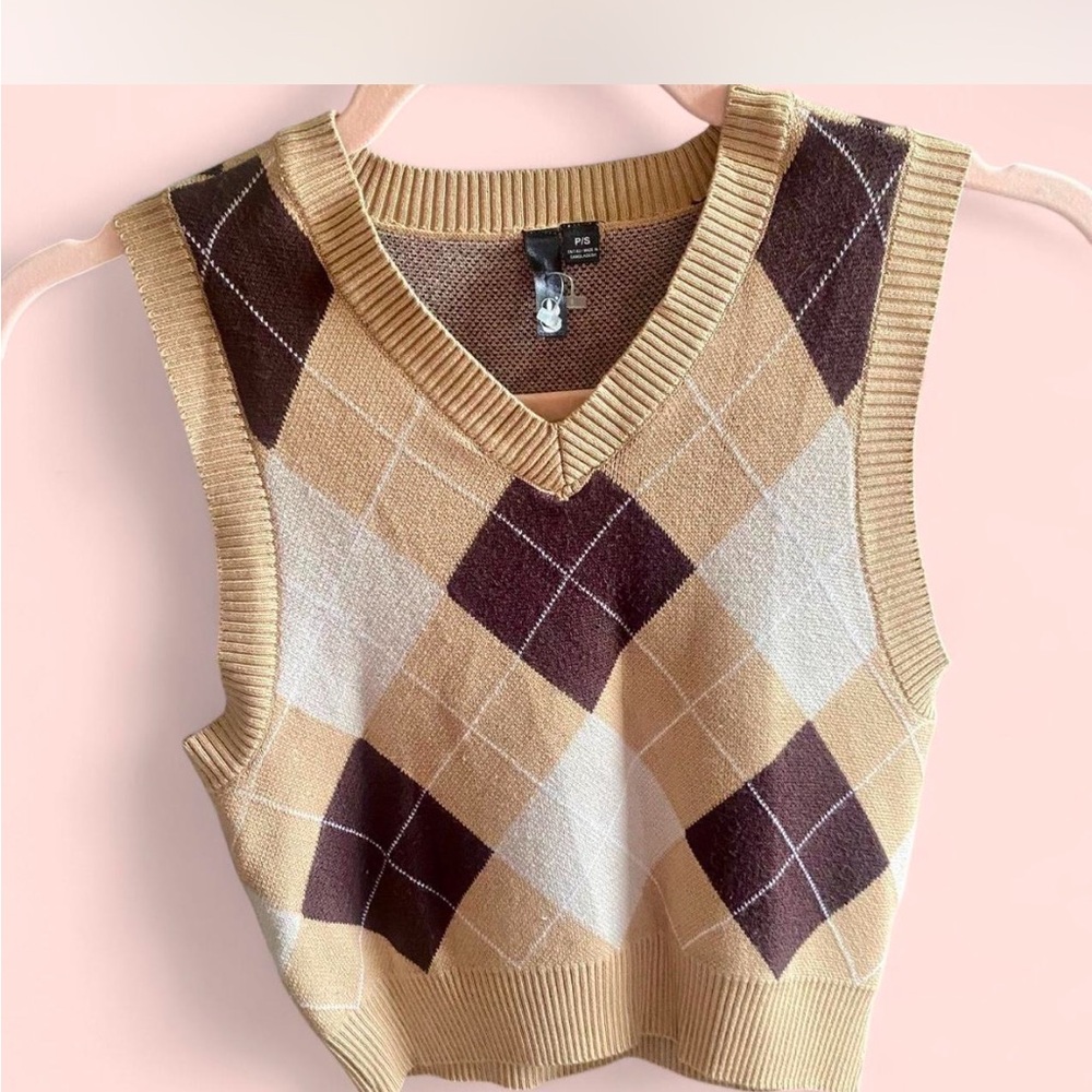Cream and brown argyle sweater vest